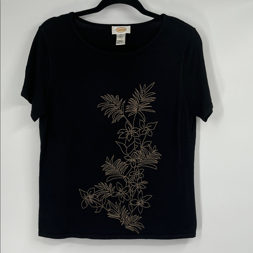 Vintage Talbots Black Knit Short Sleeve Top With Gold Embroidery Size Medium
